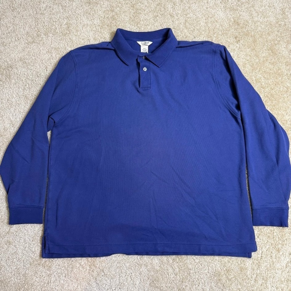 L.L. Bean Men's Polo Shirt S Double XL Blue Long Sleeve Wrinkle Resistant Cotton